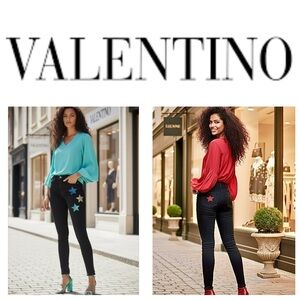 NWT! Valentino Mid-Rise Black Skinny Jeans Colorful Star Accents XS